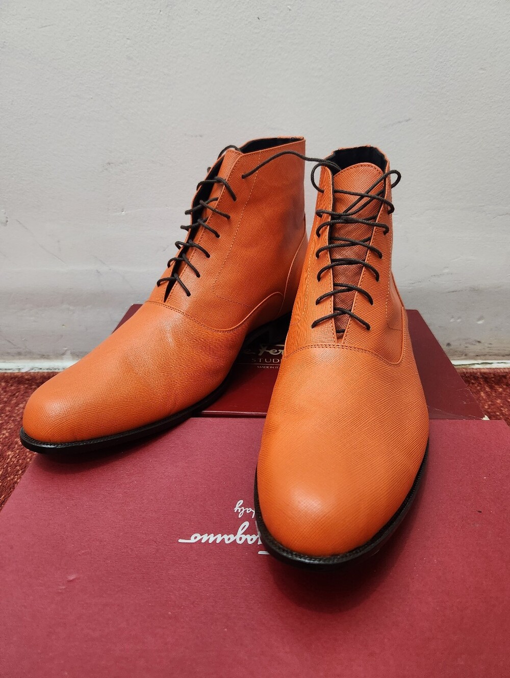 Bespoke Men's Orange Textured Leather Lace-Up Ankle Boots - Size 13 US
